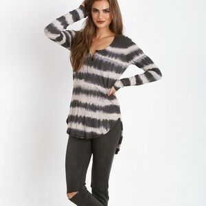 Free People Shiny Slub Radical Tunic Oatmeal Combo Long Sleeve Button Front Top